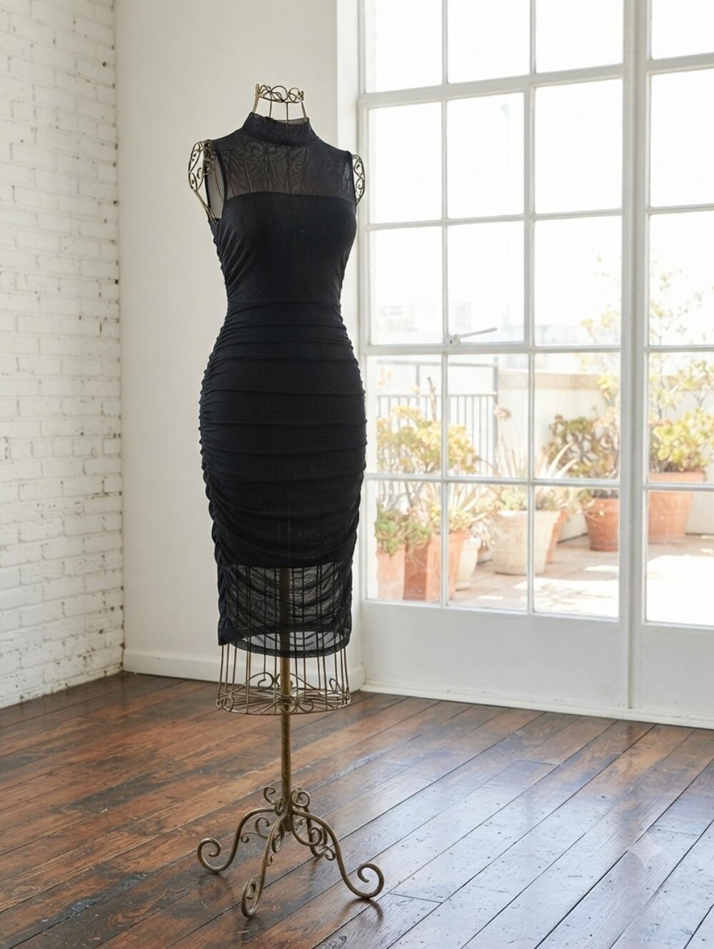 Cupshe Black Sheer-Panel Ruched Bodycon Dress Size Small
